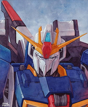Zeta Gundam Head and Shoulders in Watercolor Style with Blue and Red Armor HD phone wallpaper