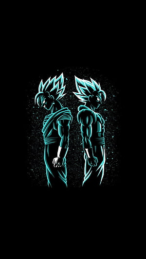 Goku and Vegeta Super Saiyan Blue Silhouettes in Cyan Neon Glow on Black Background HD phone wallpaper