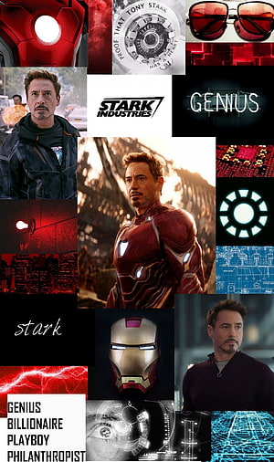 Tony Stark and Iron Man Armor Collage Featuring MCU Scenes and Stark Industries Logo HD phone wallpaper