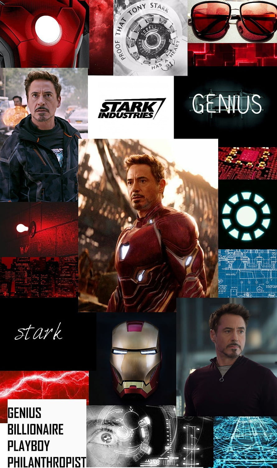 Tony Stark and Iron Man Armor Collage Featuring MCU Scenes and Stark Industries Logo HD phone wallpaper