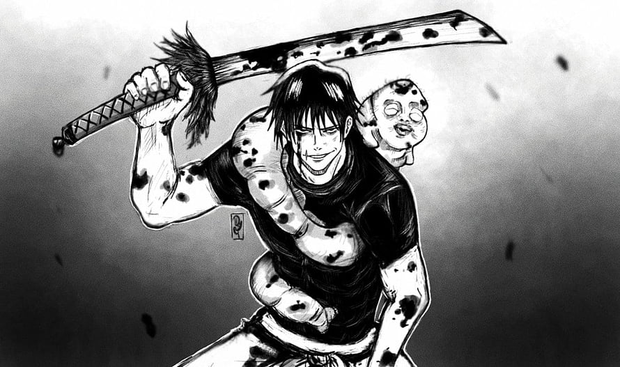 Toji Fushiguro Wielding Katana in Black and White Manga Style HD wallpaper