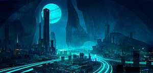Neon-lit futuristic cityscape under a glowing moon in a dark sci-fi landscape HD wallpaper