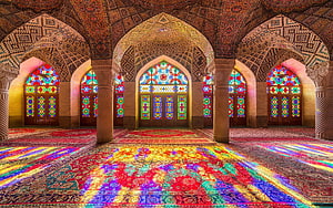 Vibrant Stained Glass Light Patterns on Persian Mosque Carpet Interior HD wallpaper