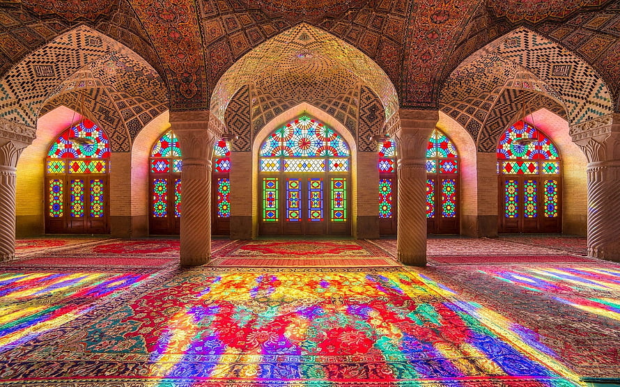 Vibrant Stained Glass Light Patterns on Persian Mosque Carpet Interior HD wallpaper