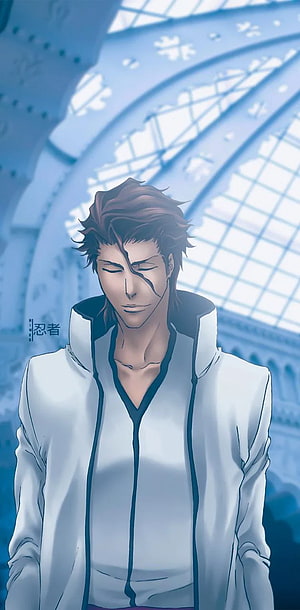 Sosuke Aizen Anime Character Portrait in White Coat with Scarred Face HD phone wallpaper