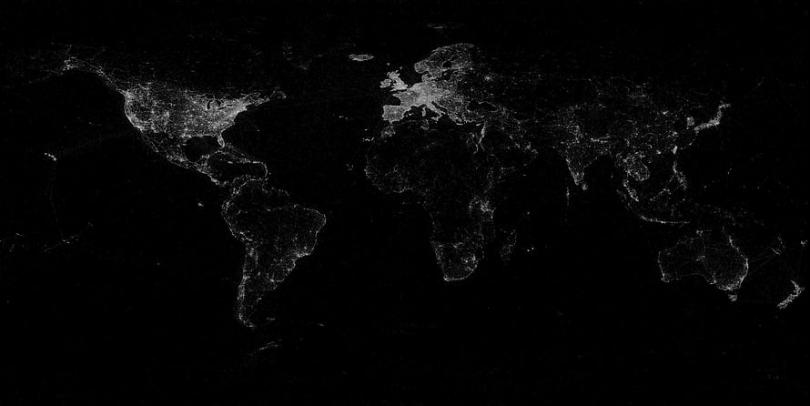 Minimalist Night World Map with Glowing City Lights on Black Background HD wallpaper