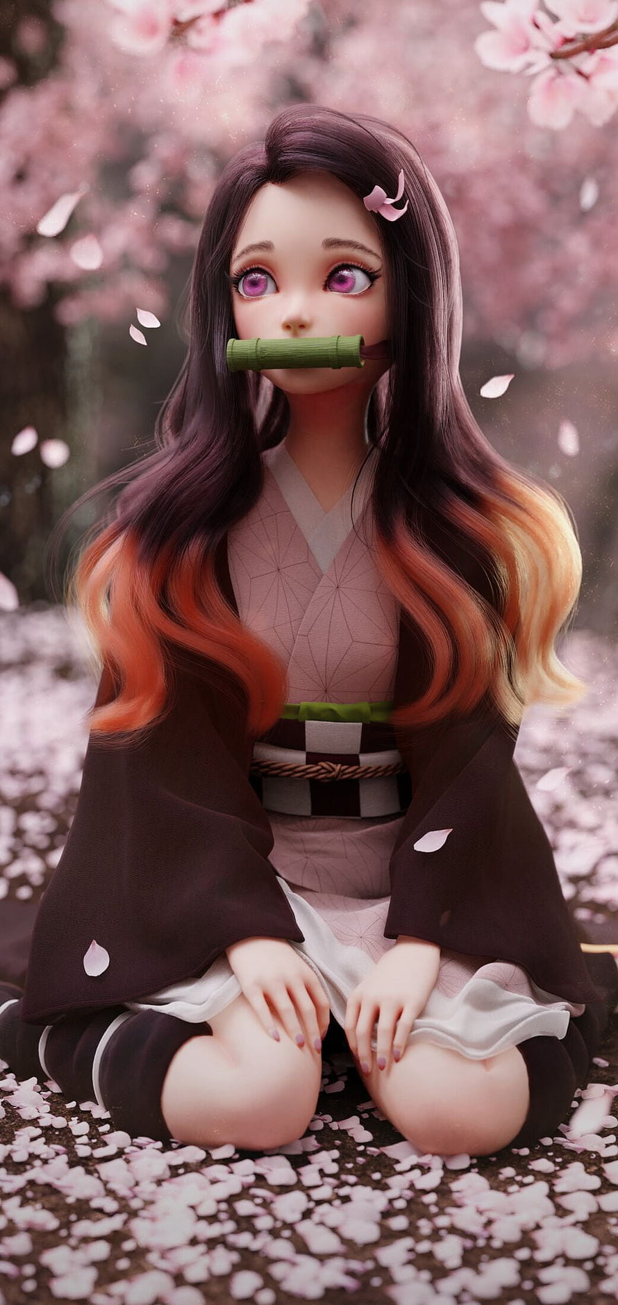 Nezuko Kamado Sitting Under Cherry Blossoms with Bamboo Cuff HD phone wallpaper