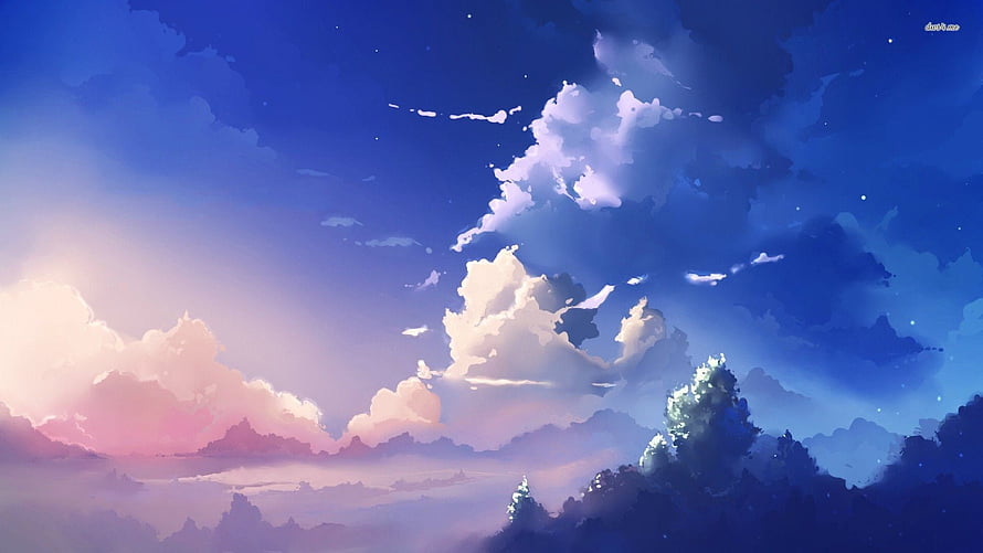 Dreamy Twilight Sky with Soft Clouds and Distant Forest Silhouettes in Digital Art Style HD wallpaper