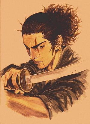 Miyamoto Musashi from Vagabong Manga Holding Katana in Watercolor Style HD phone wallpaper