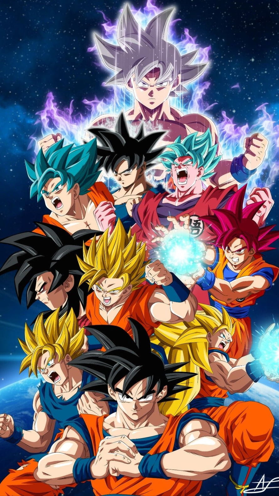 Dragon Ball Super Saiyan Group Artwork with Goku, Vegeta, and Gohan in Cosmic Battle Pose HD phone wallpaper