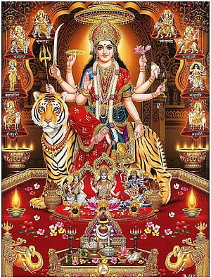 Maa Durga Riding Tiger with Navdurga Deities and Sacred Oil Lamps HD phone wallpaper