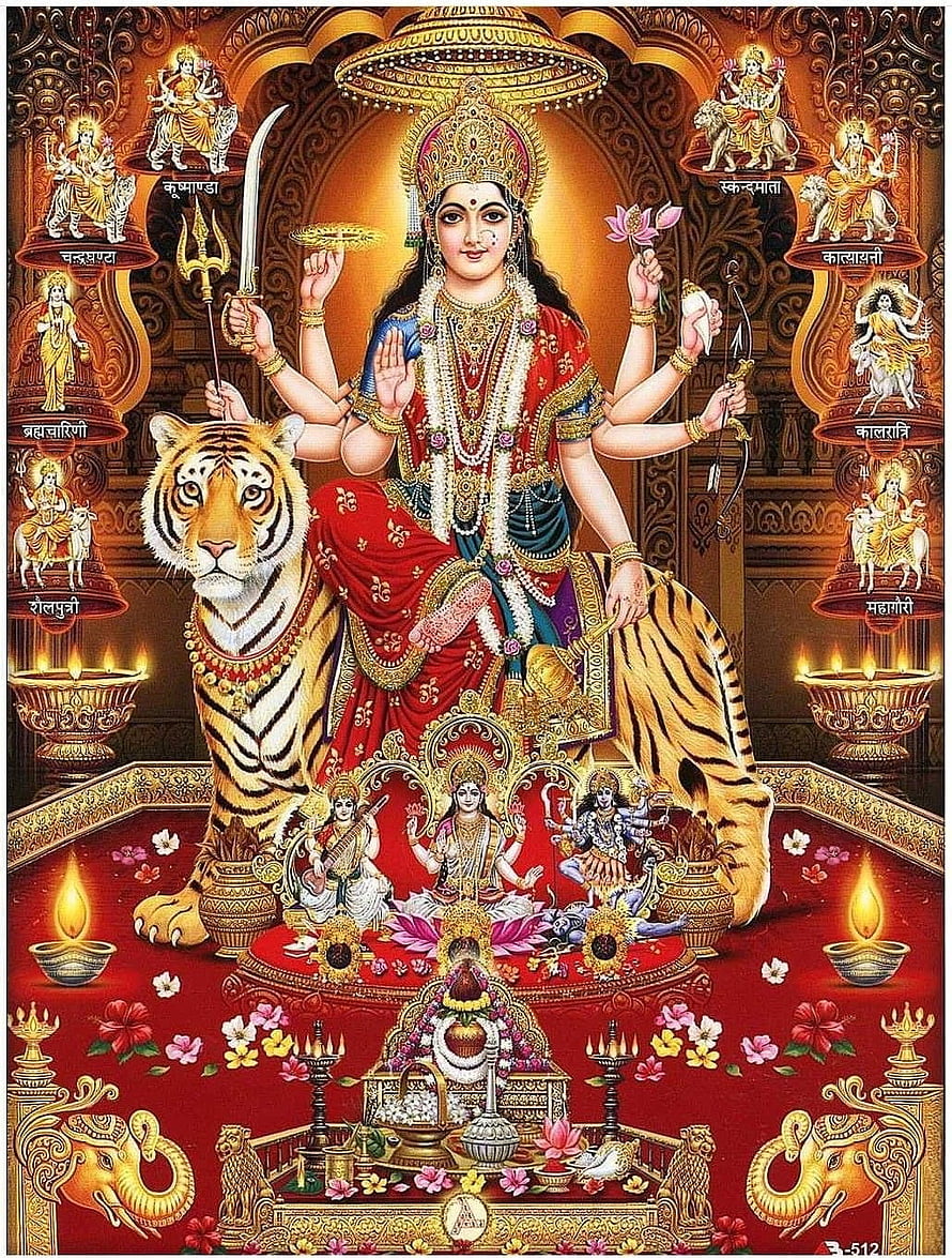Maa Durga Riding Tiger with Navdurga Deities and Sacred Oil Lamps HD phone wallpaper