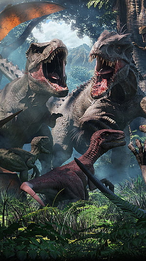 Jurassic World Dinosaurs Roaring in Dense Prehistoric Jungle HD phone wallpaper
