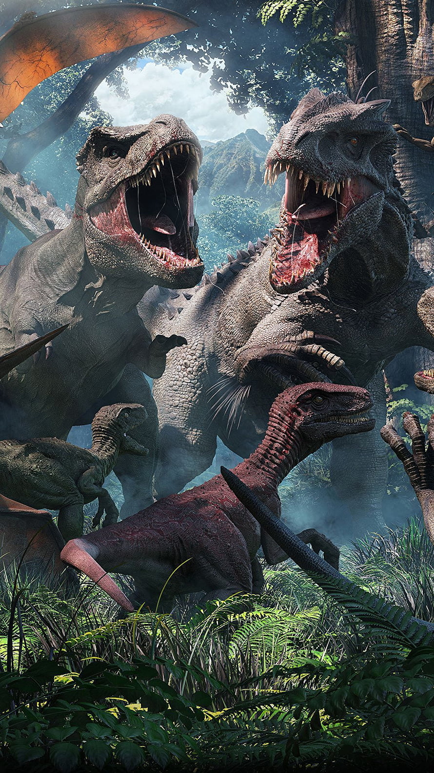 Jurassic World Dinosaurs Roaring in Dense Prehistoric Jungle HD phone wallpaper