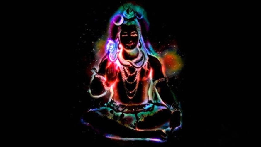 Neon Shiva Bholenath Meditating in Cosmic Aura on Black Background HD wallpaper