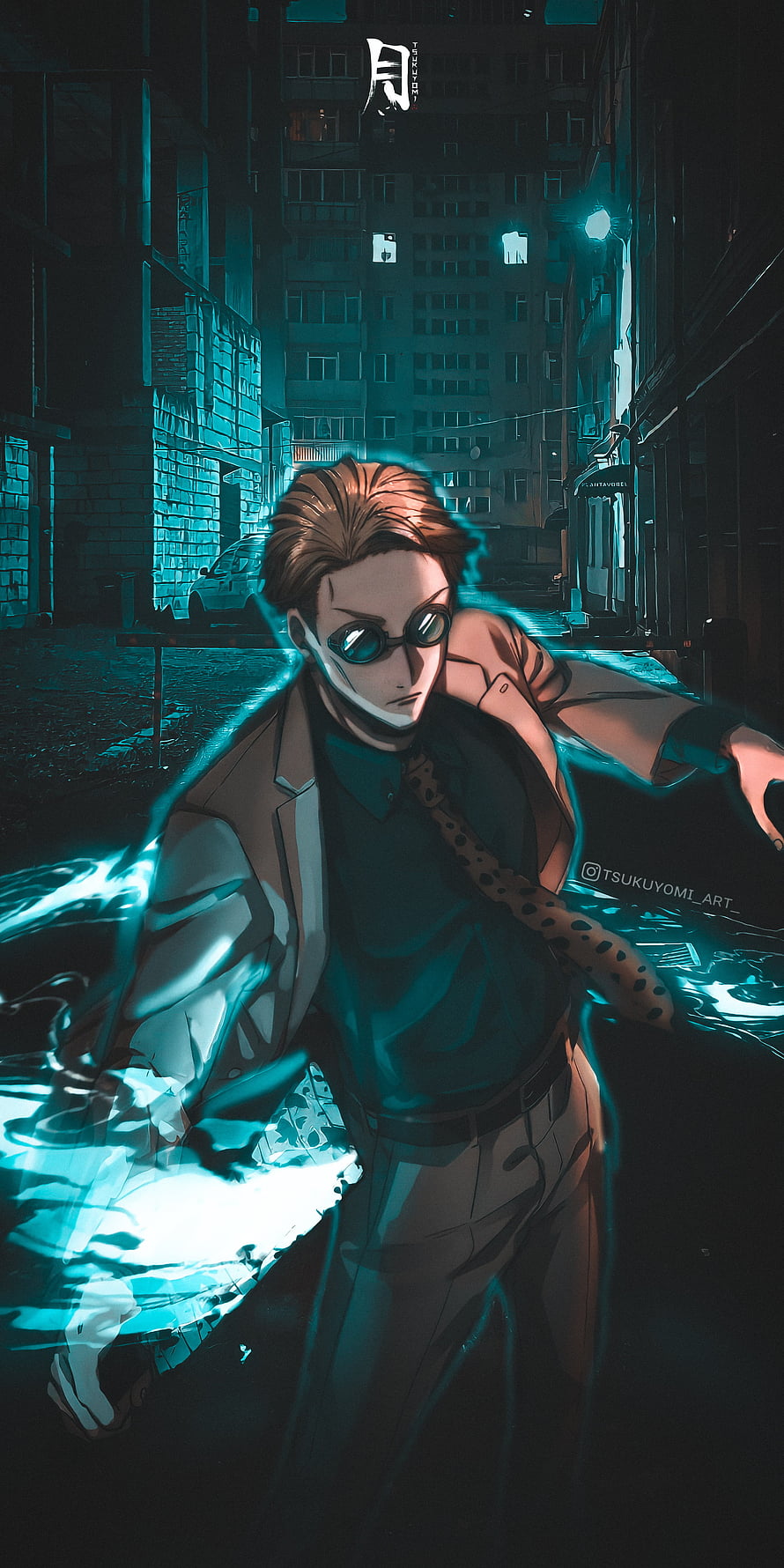 Nanami Kento from Jujutsu Kaisen in a moody urban alley with electric blue energy effects HD phone wallpaper