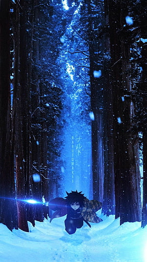 Demon Slayer Character Running Through Snowy Forest at Night HD phone wallpaper