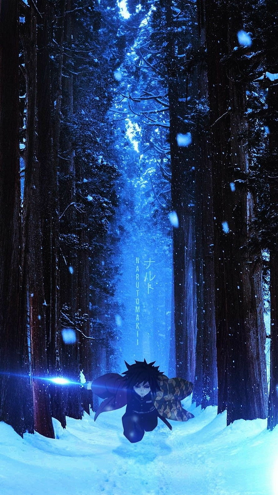 Demon Slayer Character Running Through Snowy Forest at Night HD phone wallpaper