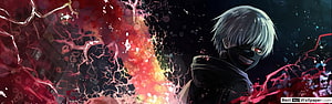 Kaneki Ken from Tokyo Ghoul with glowing red eye and dark mask against fiery red energy burst HD wallpaper