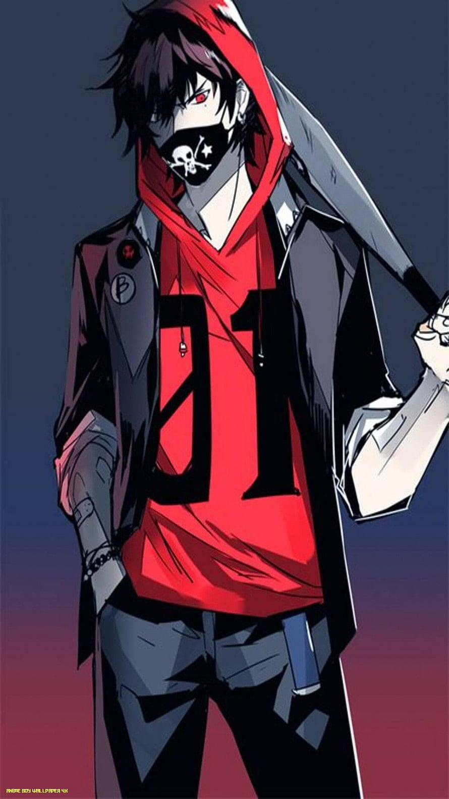 Anime Boy in Red Hoodie and Skull Mask with Dark Edgy Style HD phone wallpaper