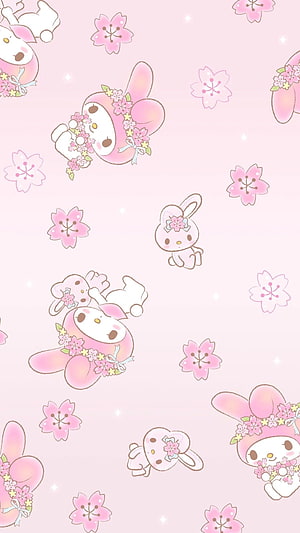 My Melody and Kuromi Cherry Blossom Pattern on Soft Pink Background HD phone wallpaper