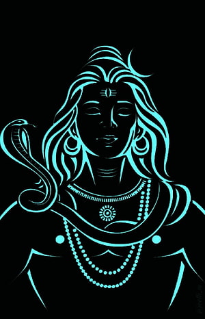 Glowing Cyan Line Art of Goddess Parvati with Serpent and Traditional Jewelry HD phone wallpaper