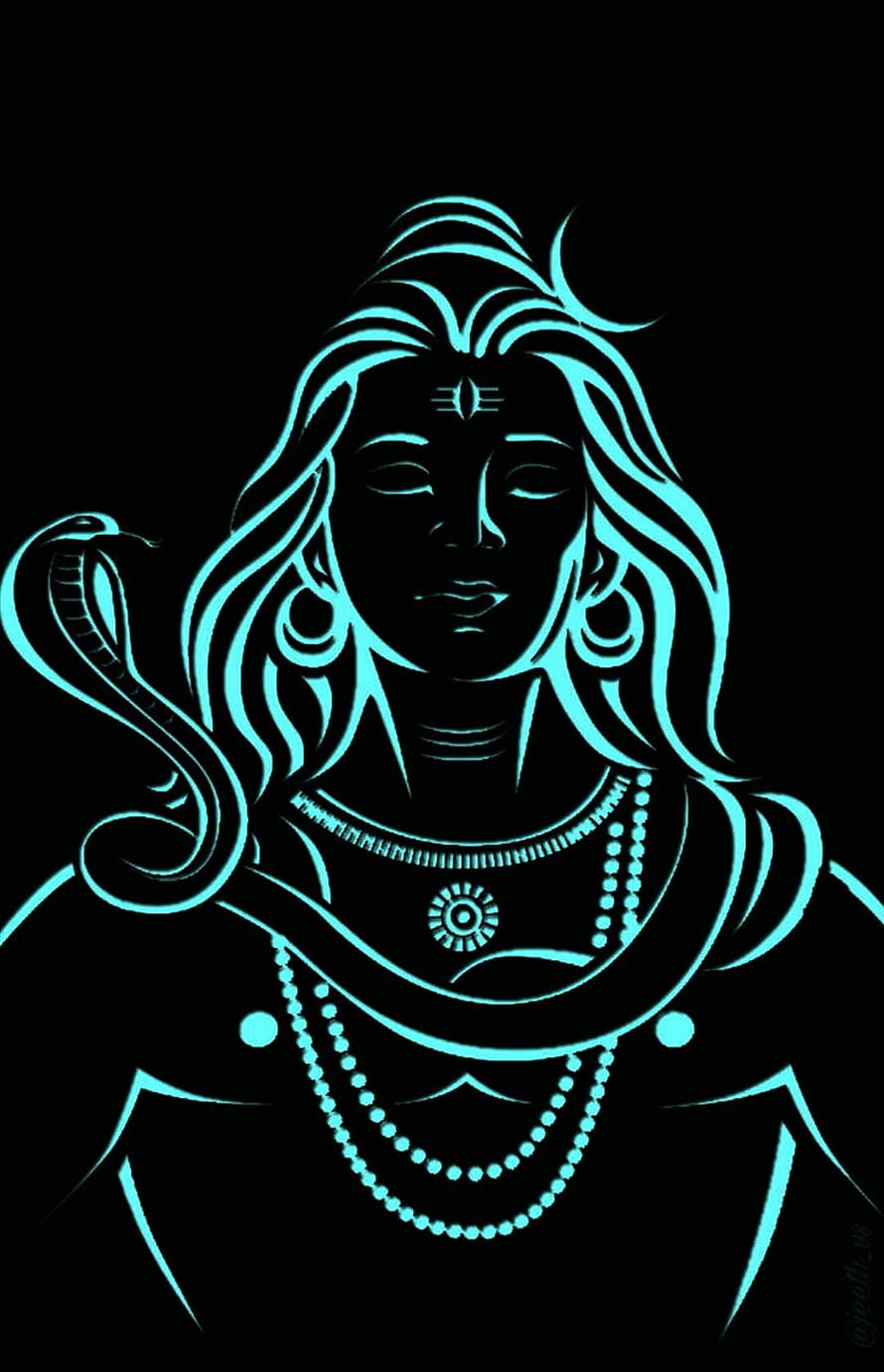 Glowing Cyan Line Art of Goddess Parvati with Serpent and Traditional Jewelry HD phone wallpaper