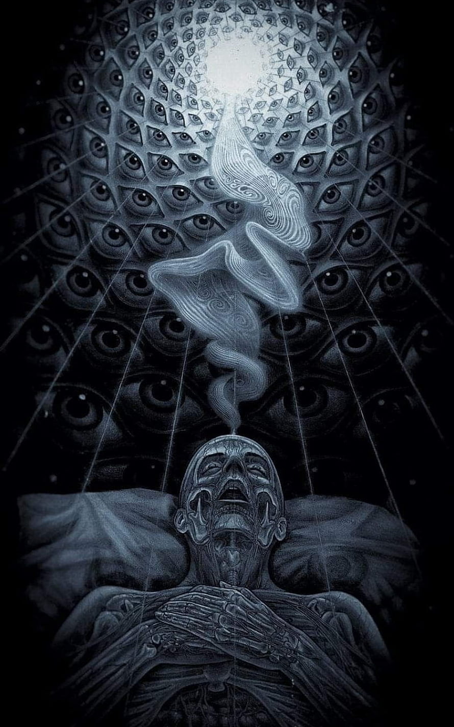 Tool Band Artwork: Surreal Skull with Spiraling Smoke and All-Seeing Eyes HD phone wallpaper