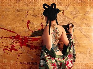 Digital Art of a Woman with Traditional Japanese Dragon Tattoo and Floral Kimono HD wallpaper