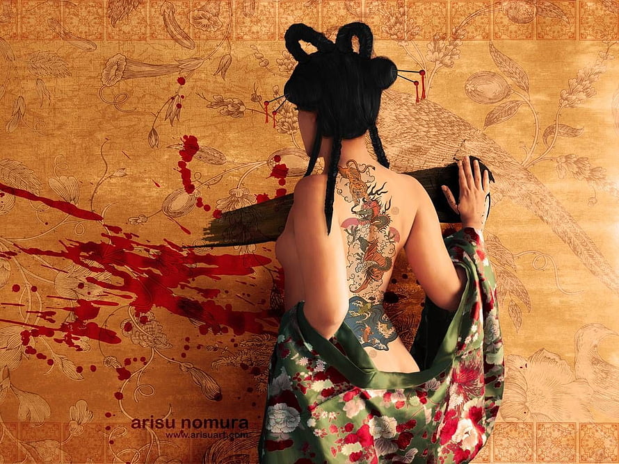 Digital Art of a Woman with Traditional Japanese Dragon Tattoo and Floral Kimono HD wallpaper