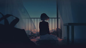 Anime Girl Sitting Alone on Balcony at Dusk with City Skyline HD wallpaper