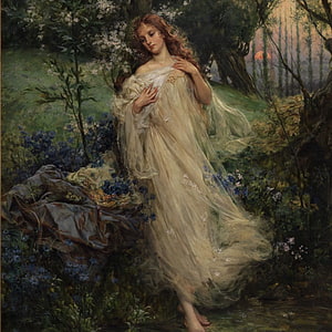 Ethereal Woman in Flowing Gown Amidst Wildflowers in a Lush Forest Setting HD phone wallpaper