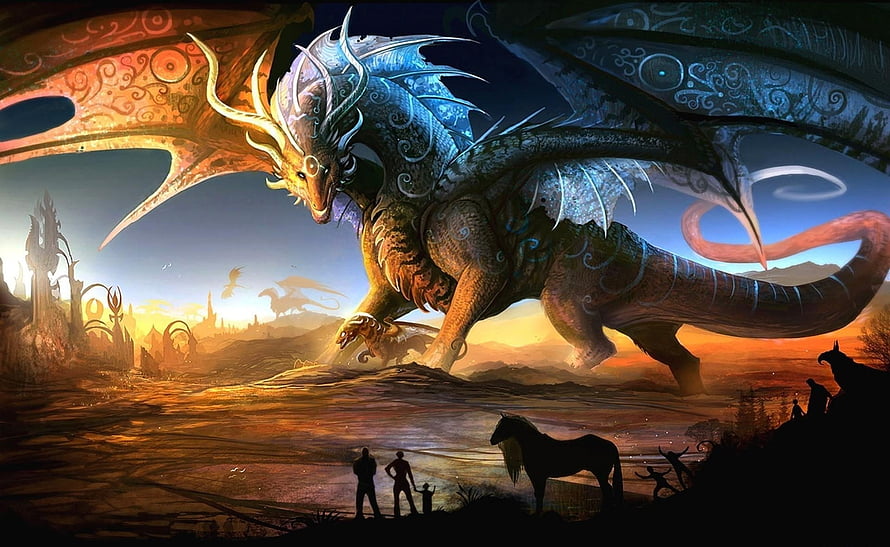 Majestic Fantasy Dragon With Ornate Wings Soaring Over Silhouetted Figures At Sunset HD wallpaper