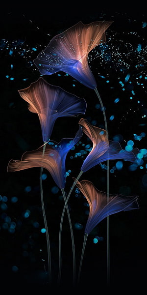 Glowing Digital Flowers with Blue and Orange Hues Against a Dark Background HD phone wallpaper