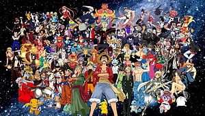 Massive Anime Character Collage Featuring Luffy, Goku, and Pikachu Against a Starry Background HD wallpaper