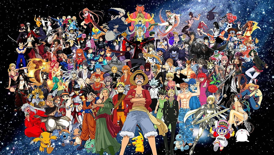 Massive Anime Character Collage Featuring Luffy, Goku, and Pikachu Against a Starry Background HD wallpaper