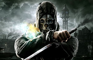 Dishonored 2 Corvo Attano Cinematic Key Art with Glowing Powers and Blade HD wallpaper