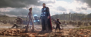 Thor, Groot, and Rocket on the battlefield in Avengers: Infinity War HD wallpaper
