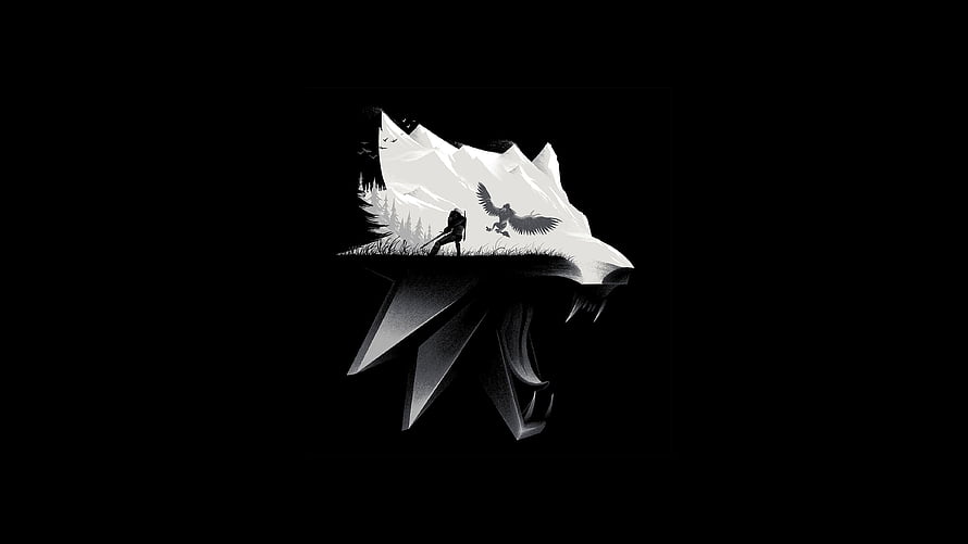 The Witcher 3 Wild Hunt Wolf Head Silhouette with Hunter and Griffin HD wallpaper