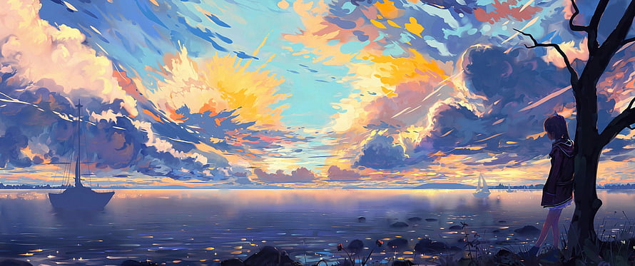 Anime Girl Leaning Against Tree Watching Sunset Over Misty Sea With Sailboat HD wallpaper