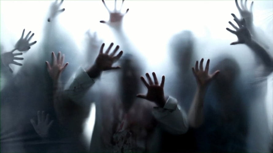 Horror Scene of Reaching Zombie Hands Pressed Against Foggy Glass HD wallpaper