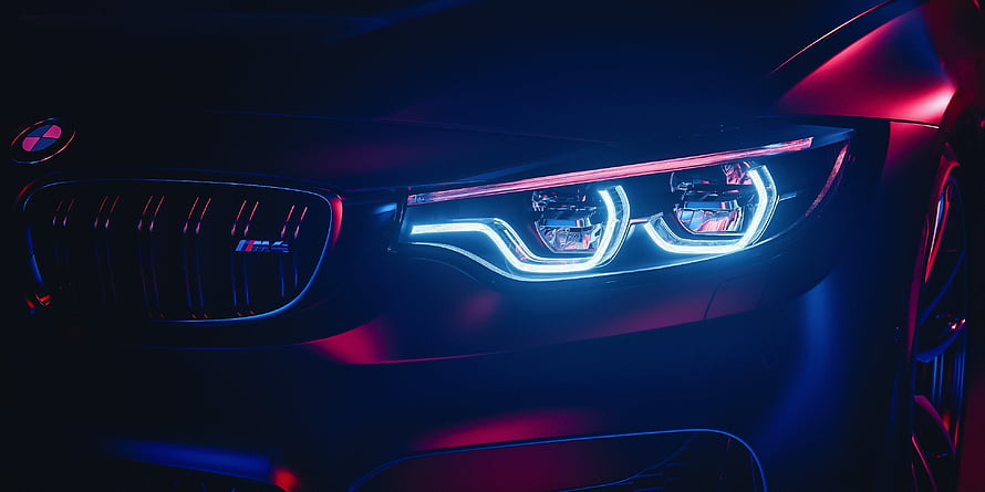 BMW M4 Front Fascia With Illuminated LED Headlights In Neon Blue And Red Lighting HD wallpaper