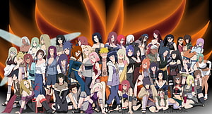 Naruto Female Characters Group Portrait with Fiery Orange Background HD wallpaper