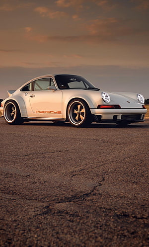 Silver Porsche 930 Turbo Classic Sports Car at Sunset on Asphalt HD phone wallpaper