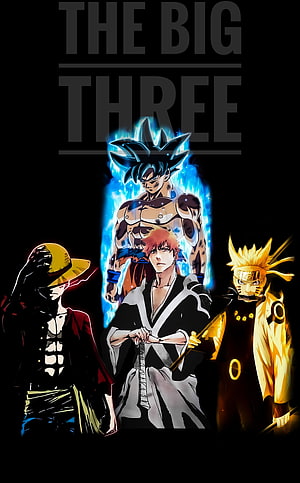 Anime Big Three Heroes: Luffy, Ichigo, Goku, and Naruto in Epic Dark Artwork HD phone wallpaper