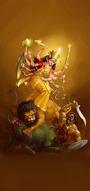 Mighty Durga Maa Riding Lion and Defeating Demons in Golden Divine Art HD phone wallpaper