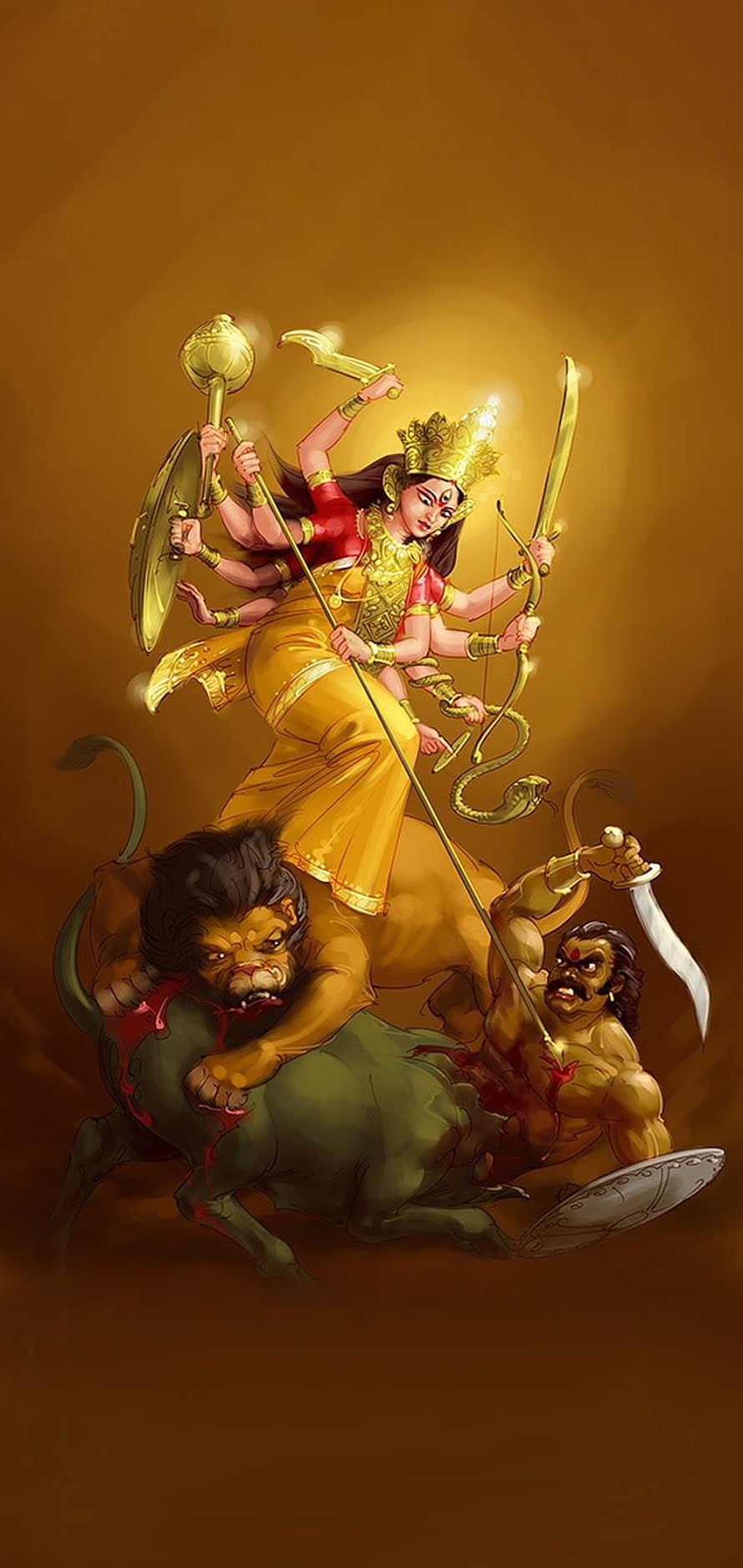 Mighty Durga Maa Riding Lion and Defeating Demons in Golden Divine Art HD phone wallpaper