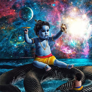 Baby Krishna Seated on Cosmic Serpent in Vibrant Nebula Space HD phone wallpaper