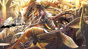 Zhongli Genshin Impact Birthday Celebration Artwork with Golden Dragon and Ornate Throne HD wallpaper
