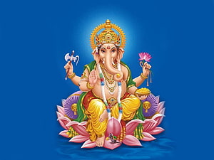 Lord Ganesha Seated on Lotus with Axe and Lotus Flower on Blue Background HD wallpaper